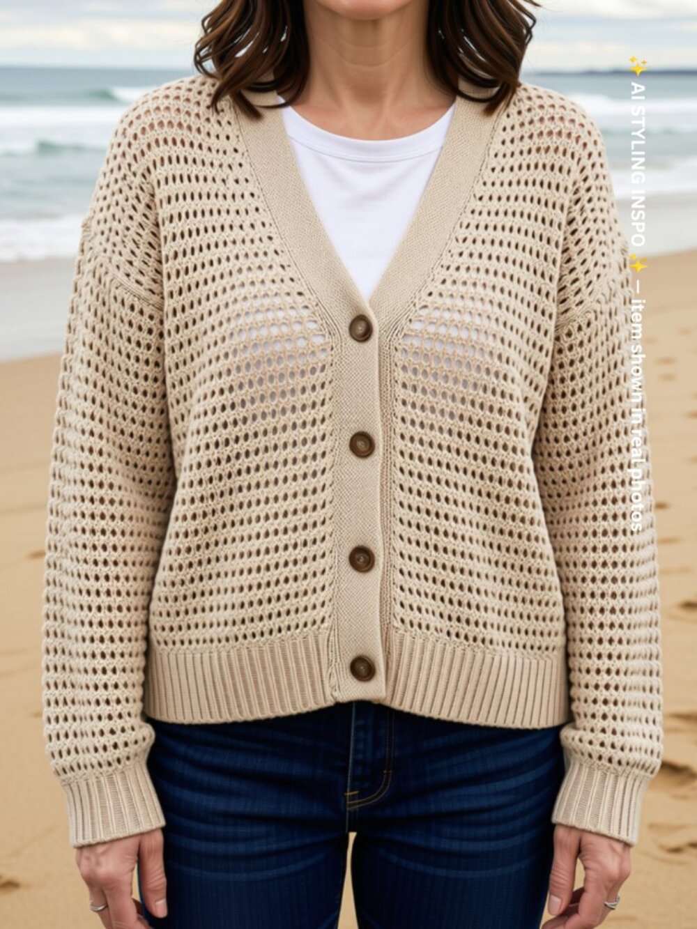 Dip Tan Crochet Knit Button Front Cardigan Size M
